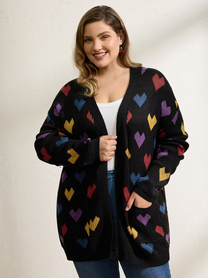 Colorful Hearts Jacquard Pockets Knit Cardigan