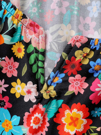 Colorful Floral Print Cinched-Flared Blouse