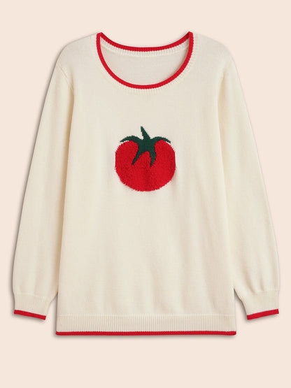 Tomato Pattern Embroidered Contrast Trim Pullover