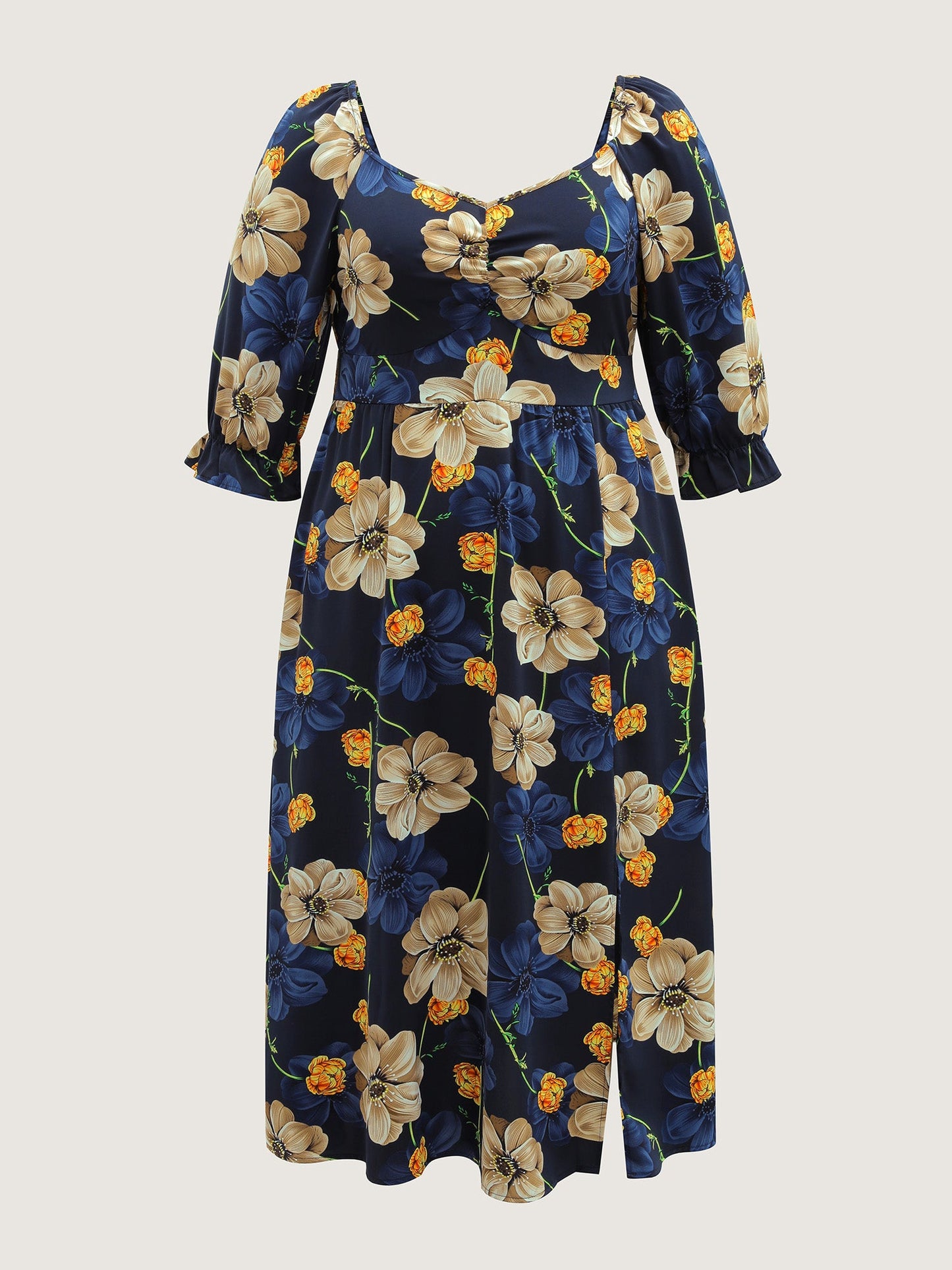 Floral Print Triangular Waist Cinched Midi Dress