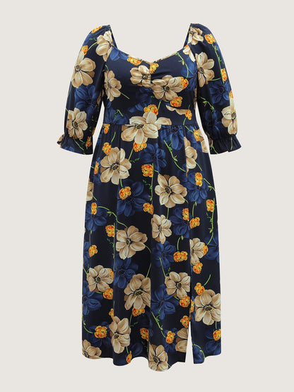 Floral Print Triangular Waist Cinched Midi Dress