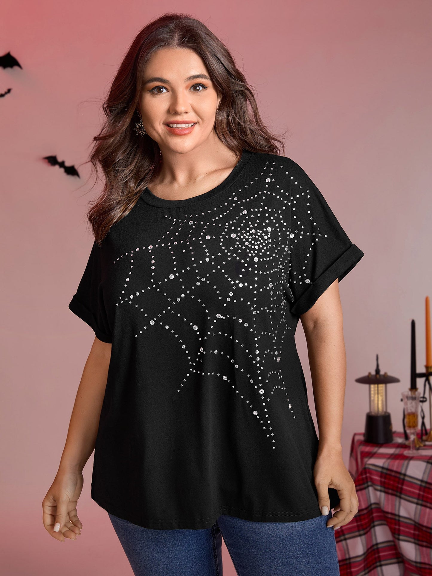Spiderweb Rhinestone Stretchy Solid T-Shirt