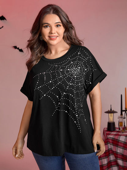 Spiderweb Rhinestone Stretchy Solid T-Shirt