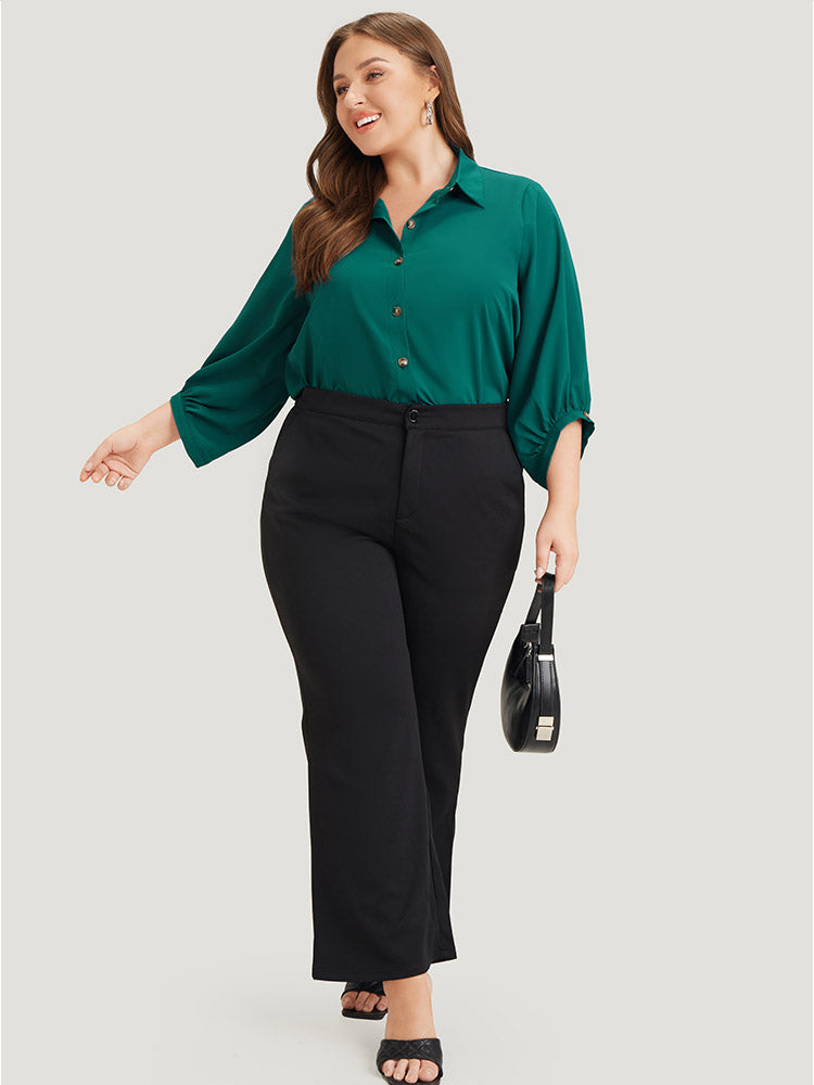 Anti-Wrinkle Solid Shirt Collar Lantern Sleeve Button Up Blouse