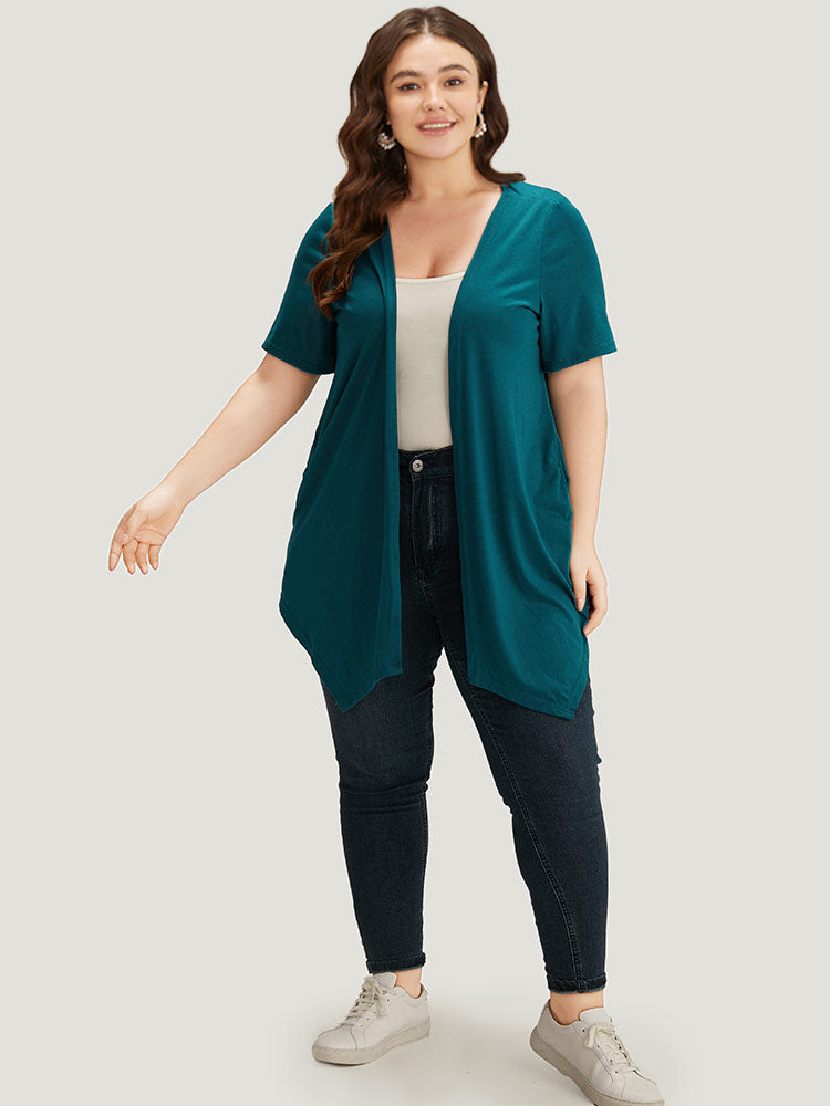 Plain Open Front Pocket Asymmetrical Hem Kimono