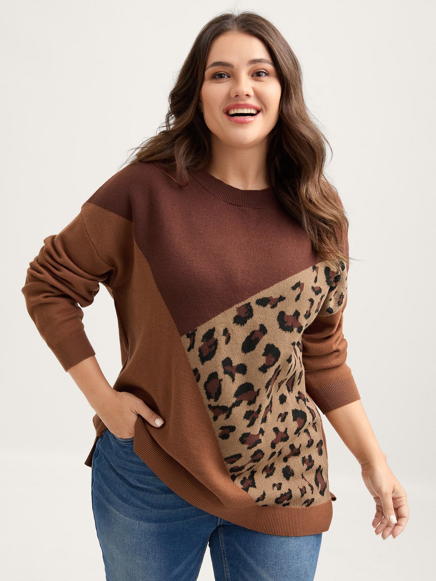 Leopard Jacquard Colorblock Pullover