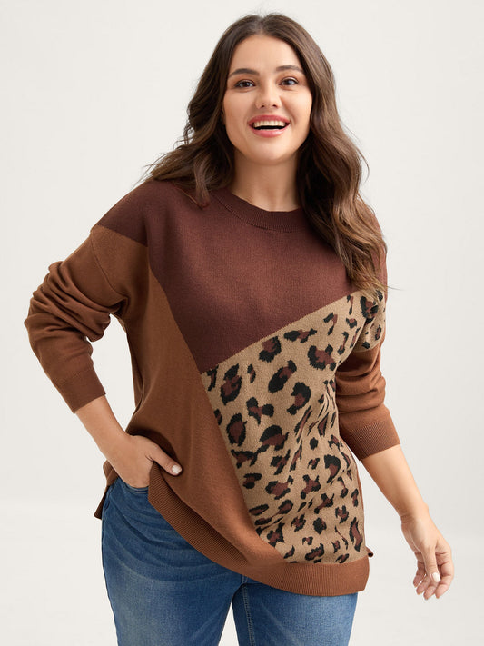 Leopard Jacquard Colorblock Pullover