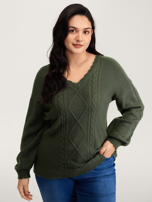 CableKnit Balloon Sleeve V-Neck Pullover