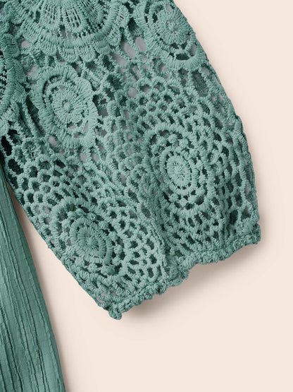 Scalloped Lace Textured Sheer Sleeve Blouse