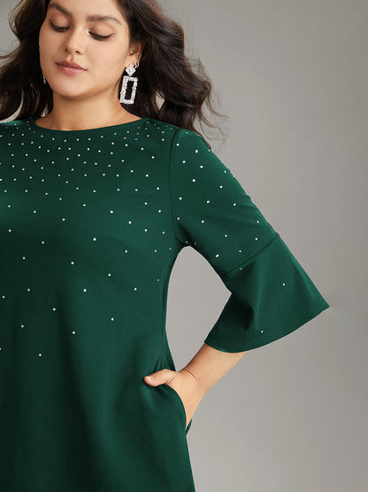 Rhinestone Curved Hem Bell Sleeve Dress