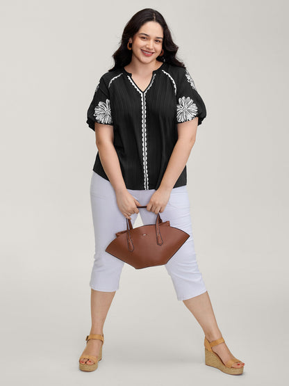 Textured Floral Embroidered Notched Collar Blouse