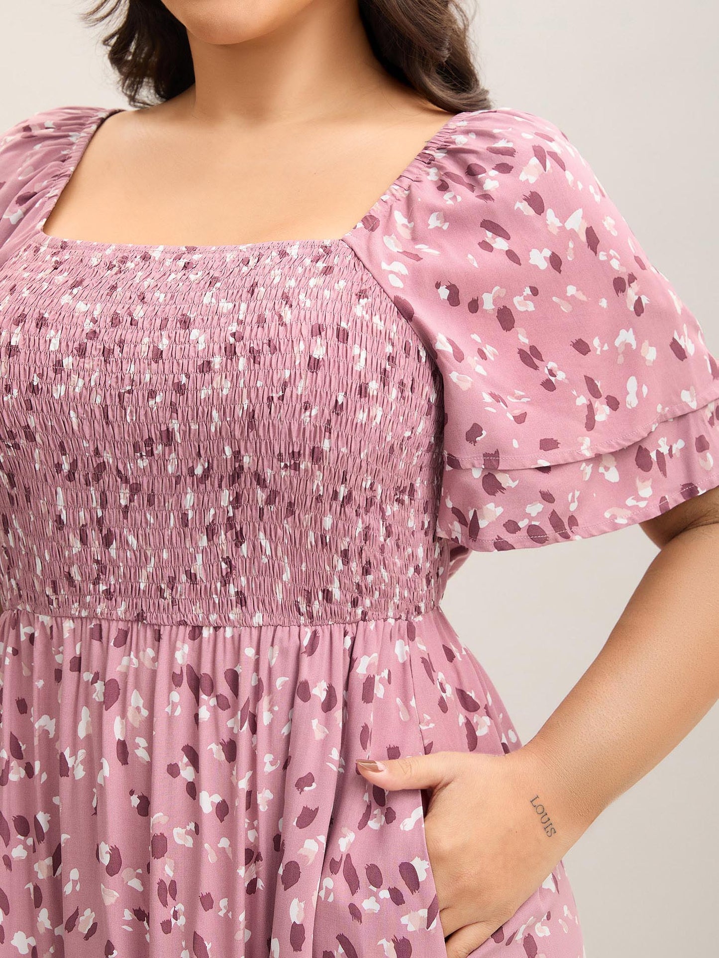 Floral Print Shirred Pockets Midi Dress