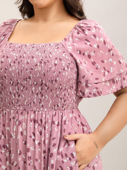 Floral Print Shirred Pockets Midi Dress