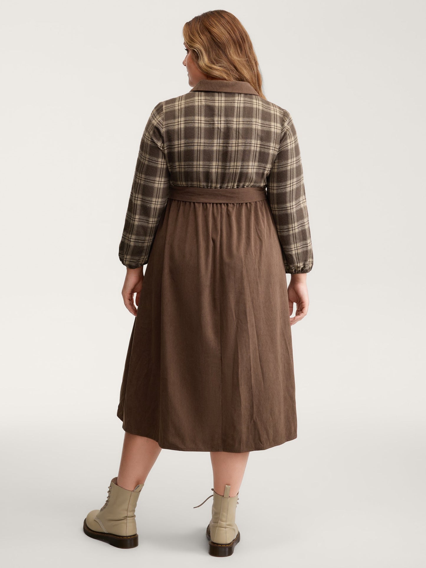 Plaid Pattern Contrast Waist-Tie Midi Dress