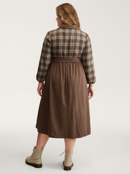 Plaid Pattern Contrast Waist-Tie Midi Dress