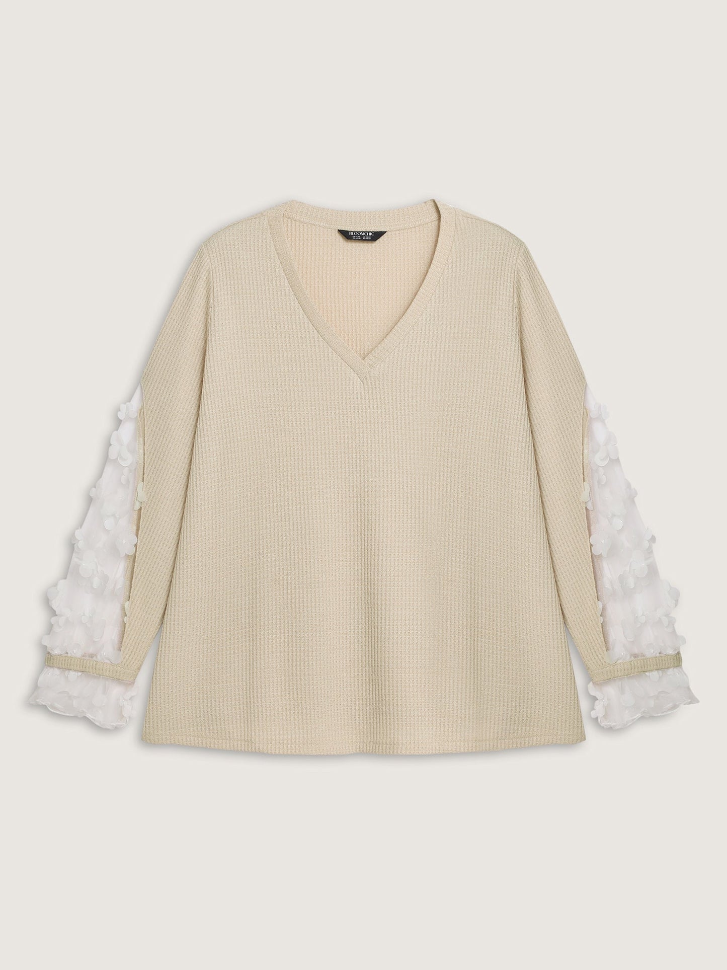 Floral Sheer Textured Sleeve V-Neck Sweatshirt