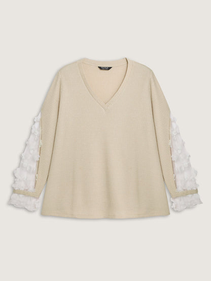 Floral Sheer Textured Sleeve V-Neck Sweatshirt