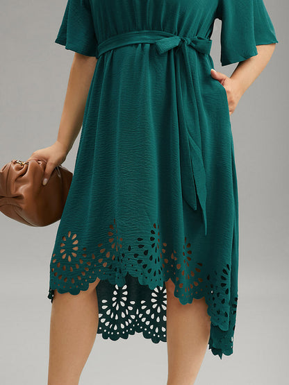 Plain Belted Laser Cut High Low Hem Dress