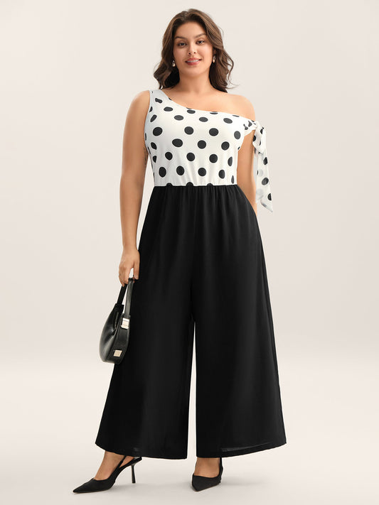 Polka Dots One-Shoulder Tied Jumpsuit
