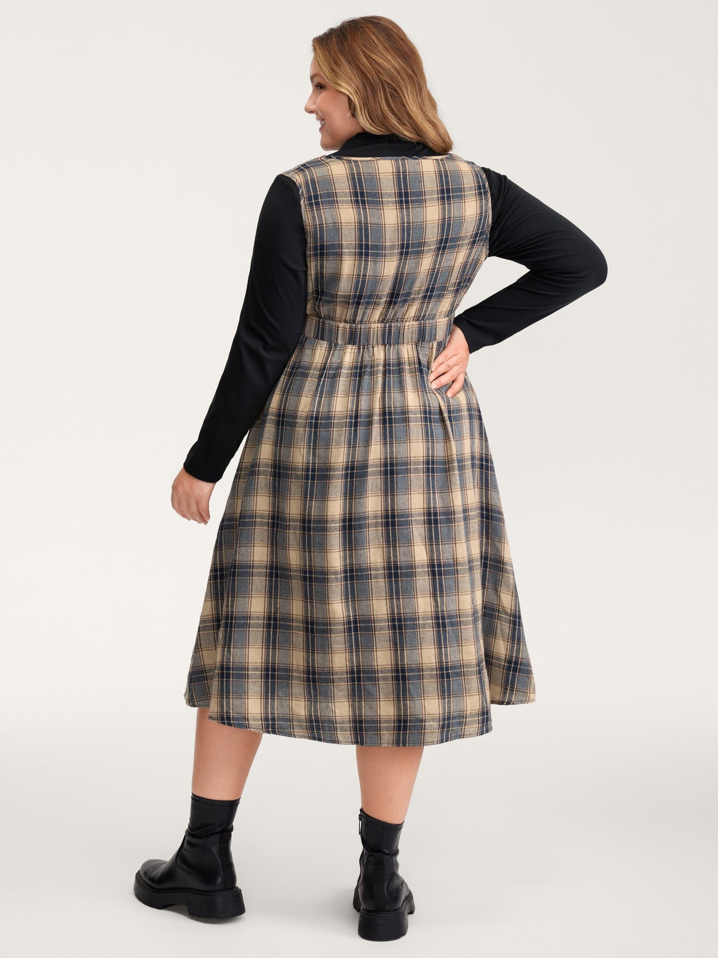 Plaid Pattern Deep V-Neckline Midi Dress