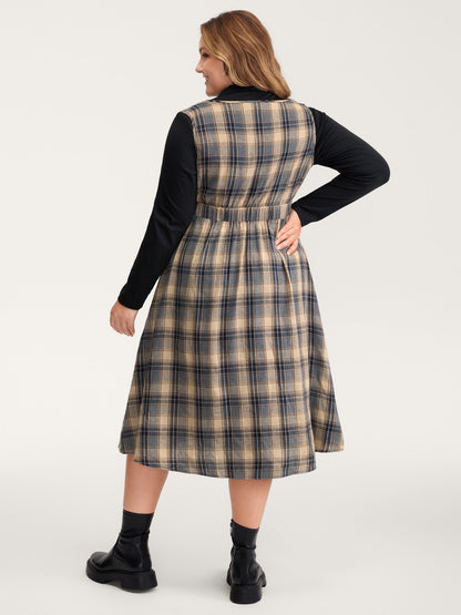 Plaid Pattern Deep V-Neckline Midi Dress