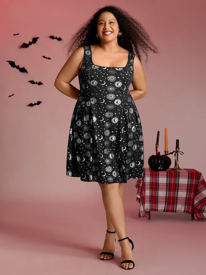 Star Moon Stretchy Square Neck Mini Dress