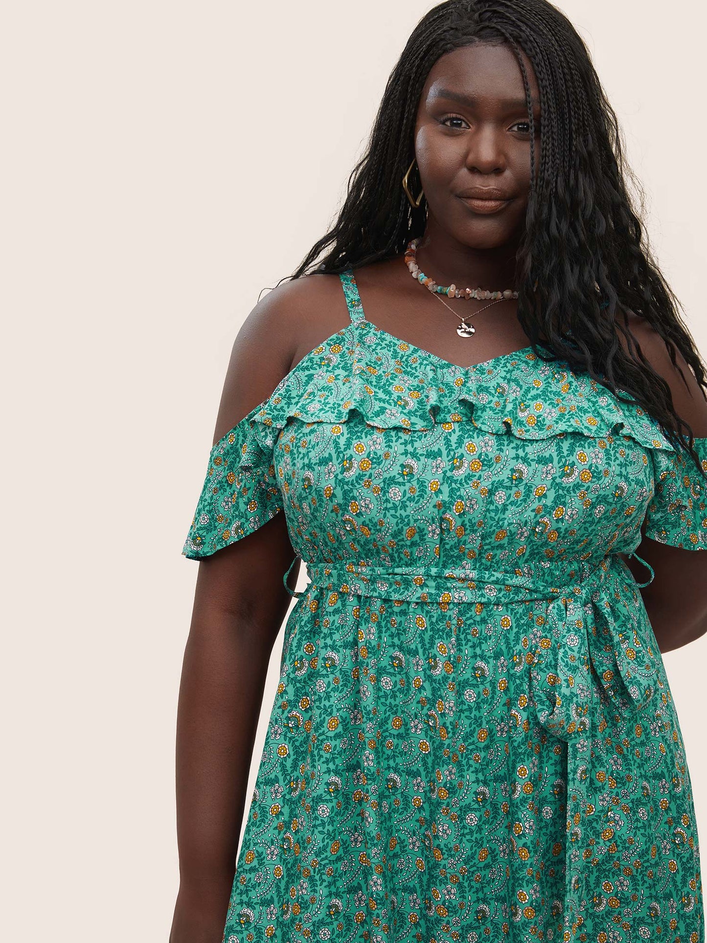 Bandana Ruffles Belted Cold Shoulder Dress