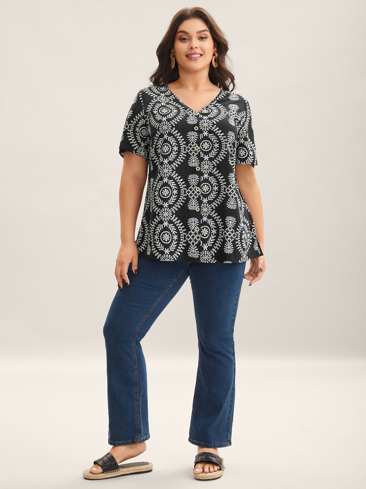 Boho Print Button Placket Blouse