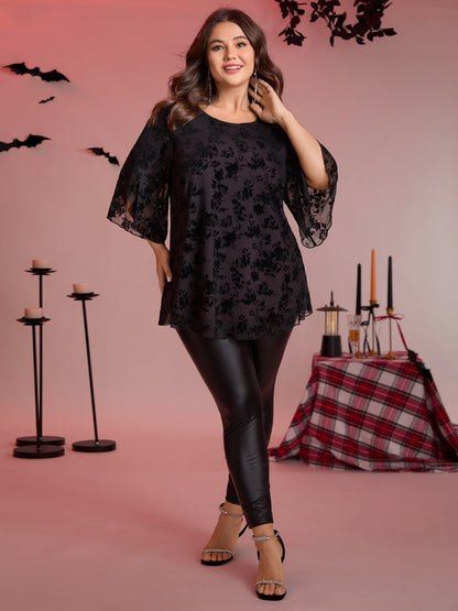 Petal Sleeve Curvy Hem Mesh Knit Top