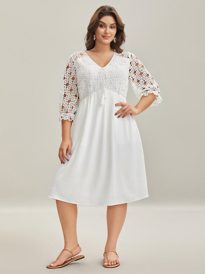 Sheer Lace Sleeve Pockets Flowy Midi Dress