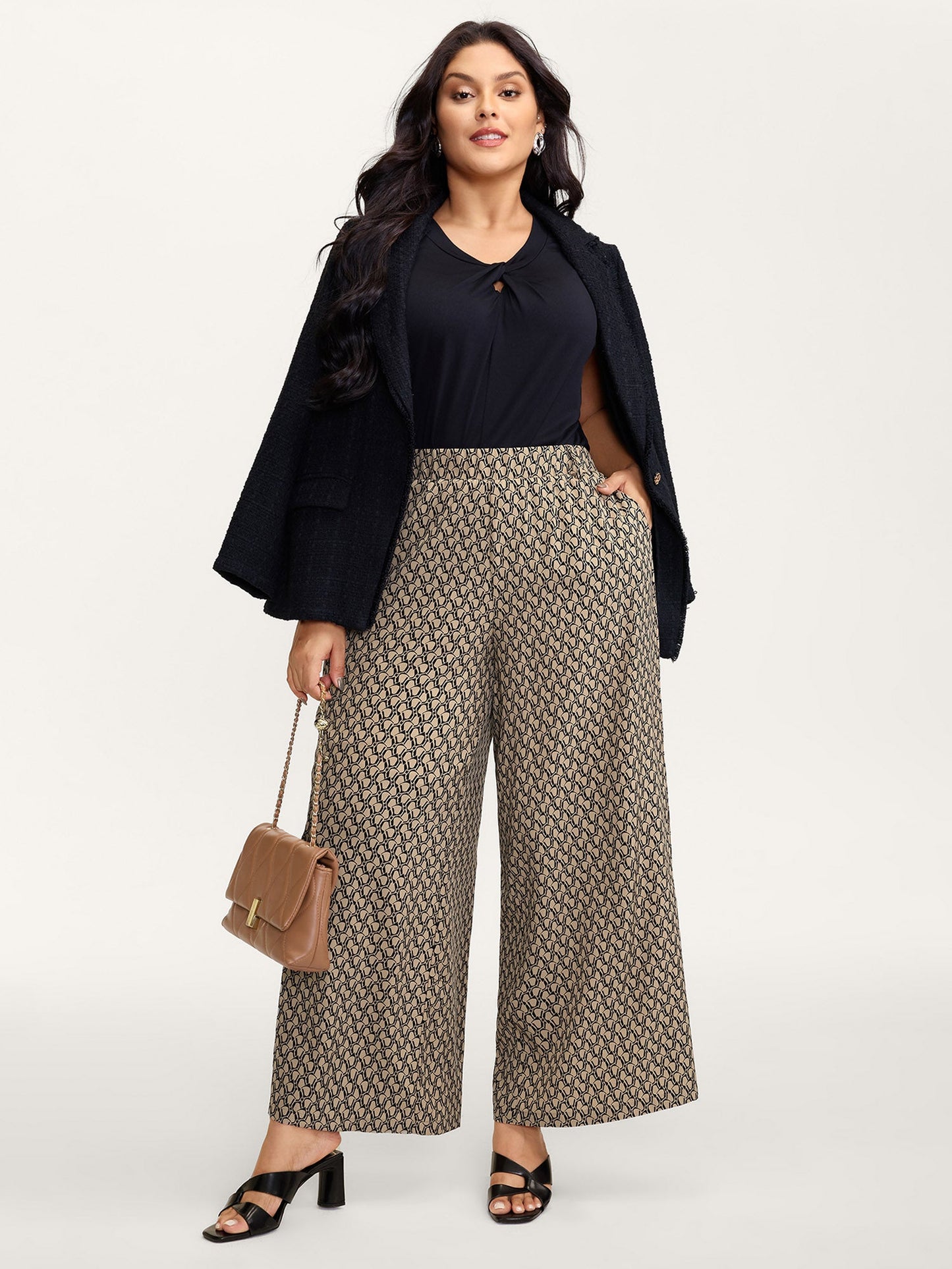 Geometric Print Stretchy Waist Wide-Leg Pants