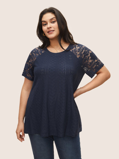 Solid Broderie Anglaise Lace Raglan Sleeve T-shirt