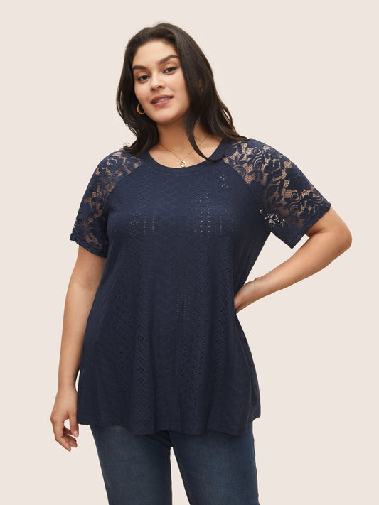 Solid Broderie Anglaise Lace Raglan Sleeve T-shirt