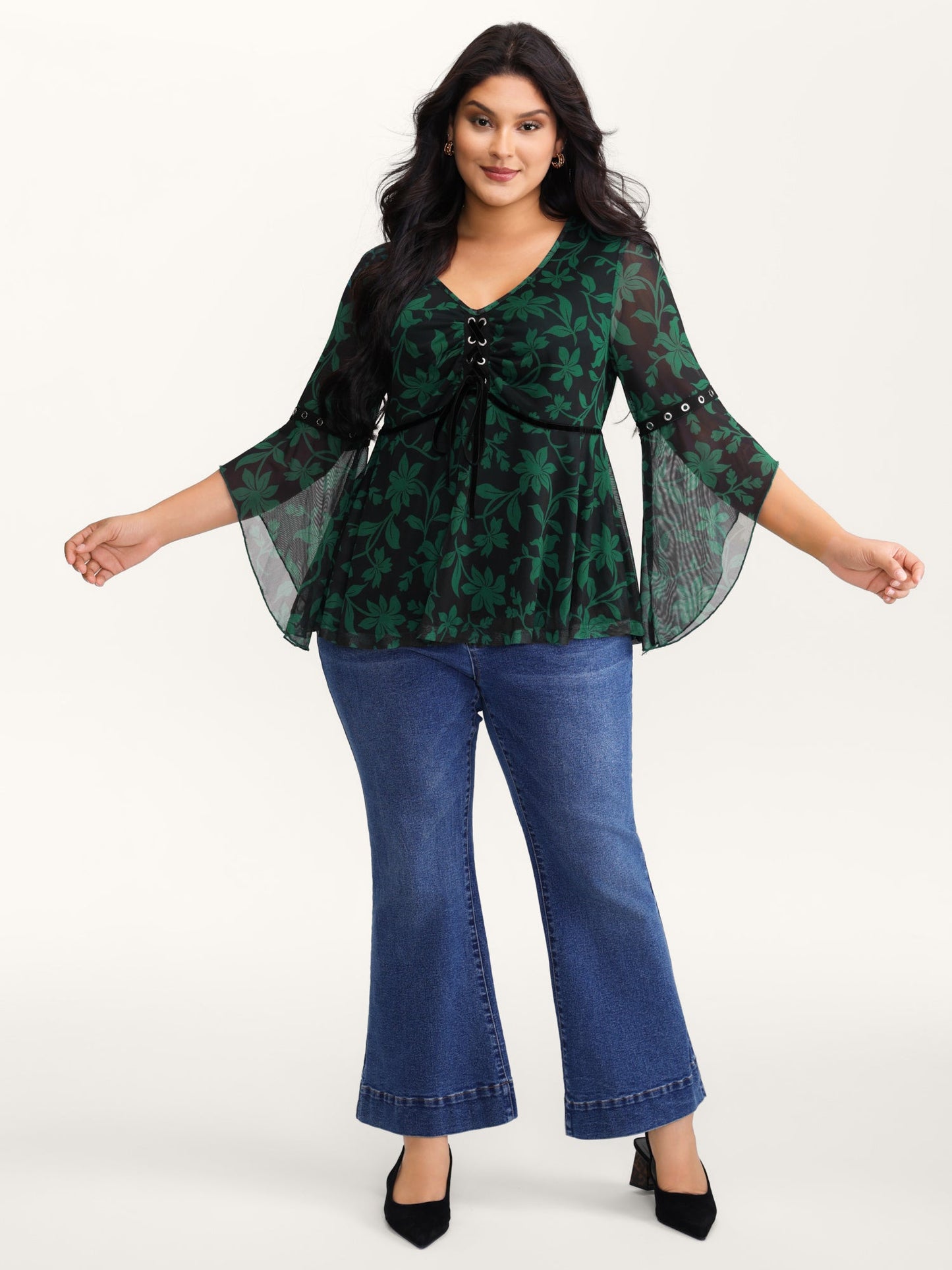 Floral Print Adjustable Bodice Mesh Top