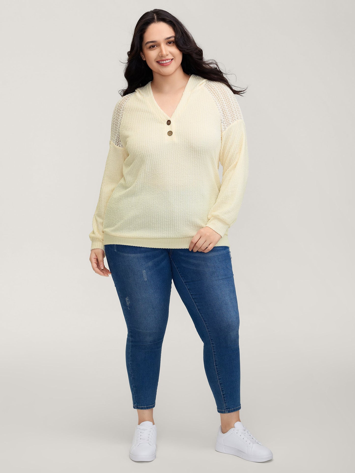 Textured Spliced Button Detail Hoodie