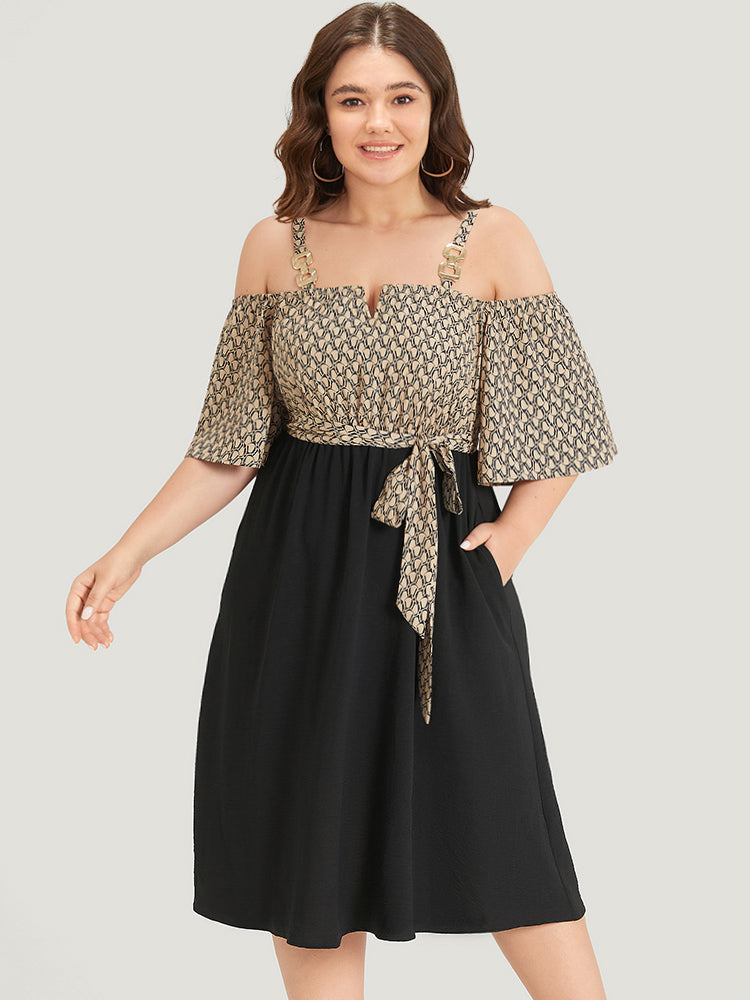 Geometric Patchwork Pocket Belted Cold Shoulder Dress