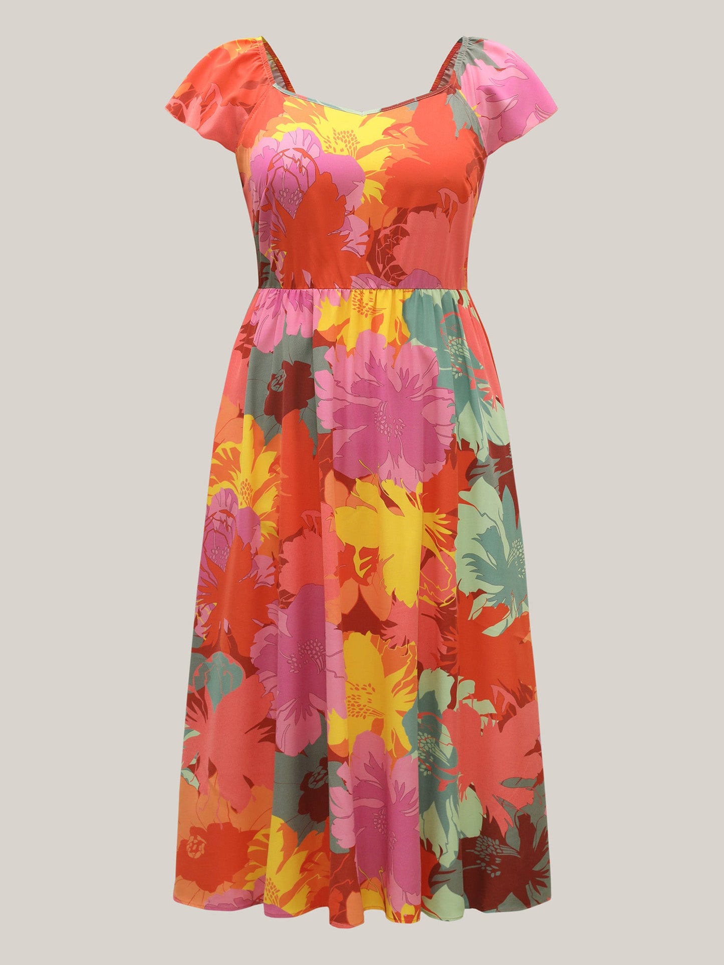 Colorful Large Flower Print Pockets Midi Dress