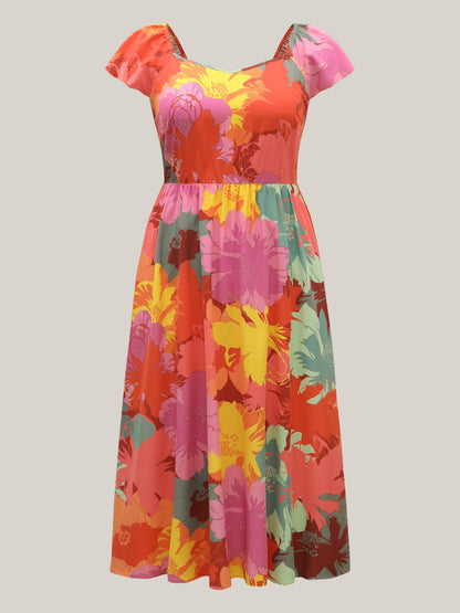 Colorful Large Flower Print Pockets Midi Dress
