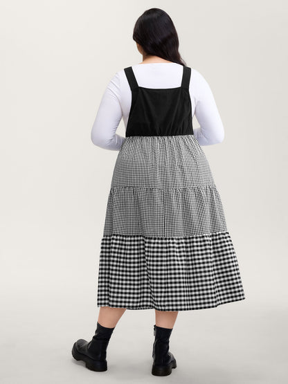 Cotton Gingham Patchwork Overall Strap Midi Dress