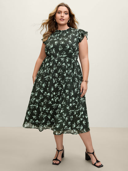 Textured Silhouette Flower Stretchy Collar Midi Dress