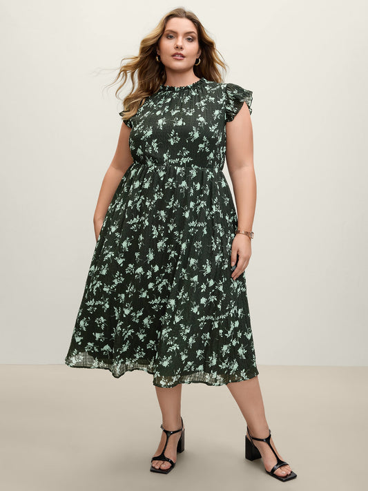 Textured Silhouette Flower Stretchy Collar Midi Dress