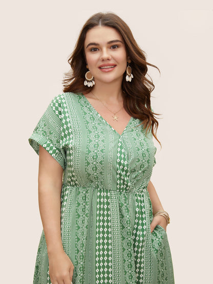 Boho Print Overlap Collar Dolman Sleeve Dress