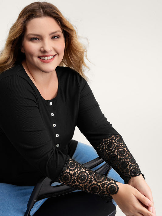 Lace Sleeve Button Placket T-Shirt