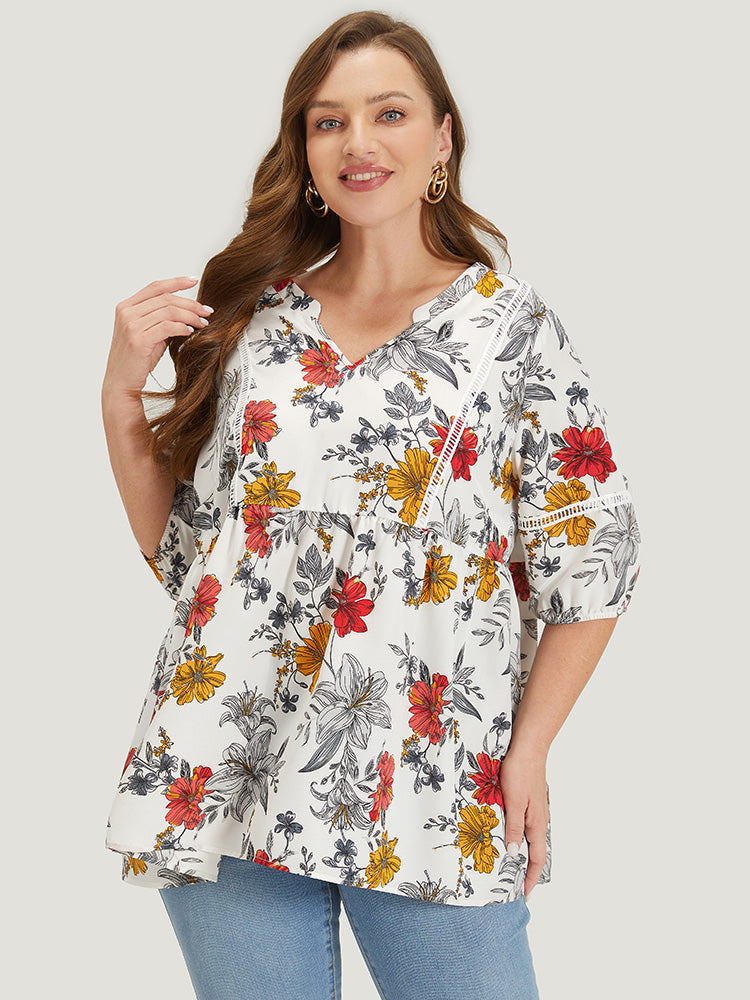 Floral Lantern Sleeve Lace Gathered Notched Blouse