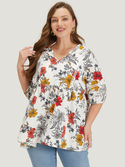 Floral Lantern Sleeve Lace Gathered Notched Blouse