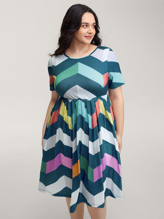 Colorful Wavy Stripes Cinched-Flared Midi Dress