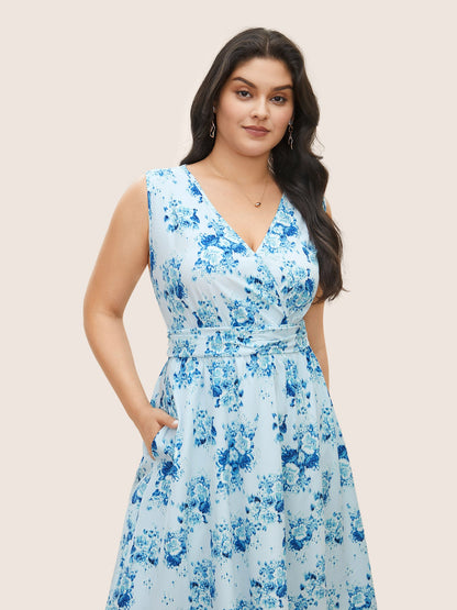 Overlap Collar Floral Sleeveless Ruched Dress