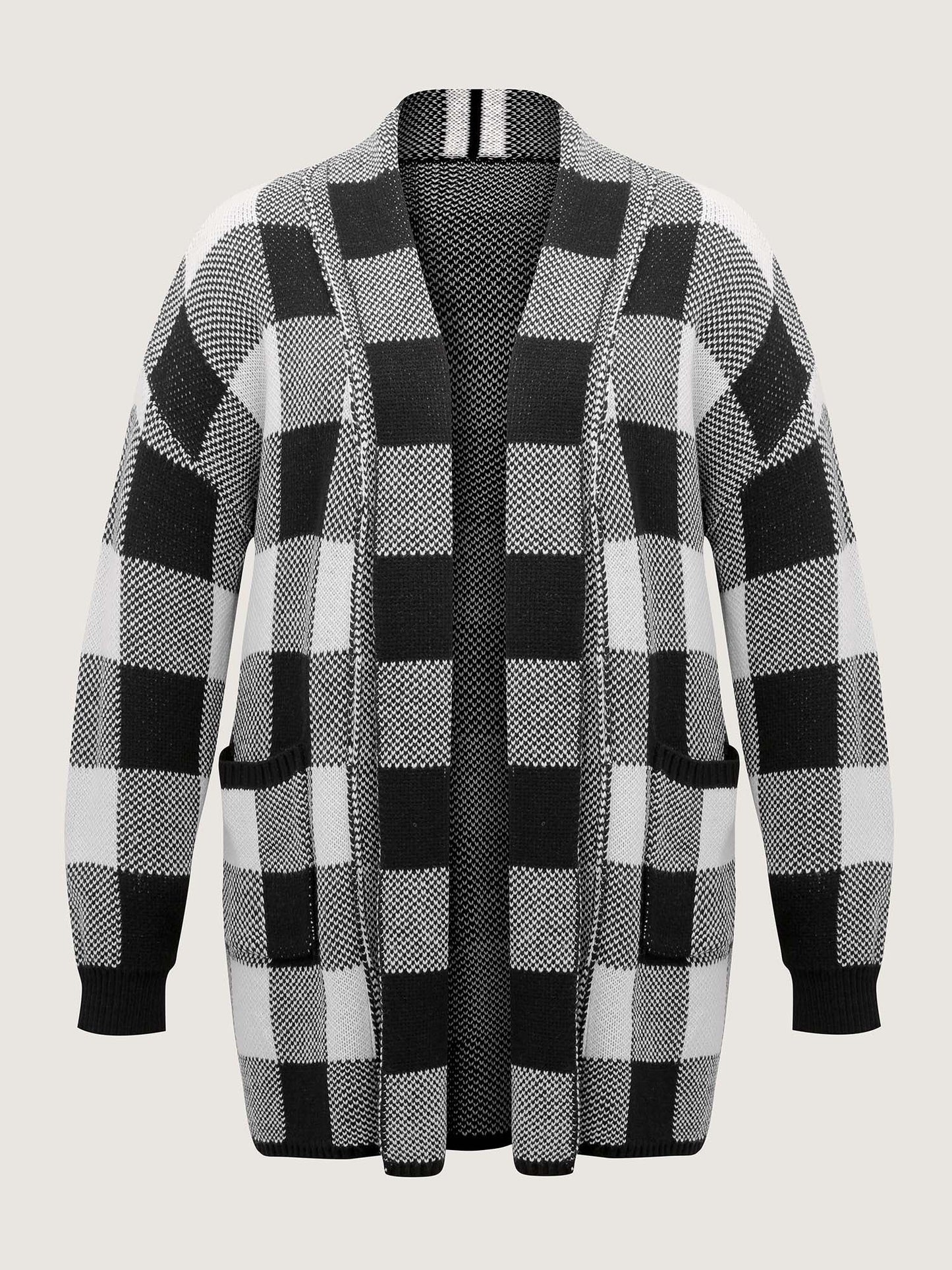 Checkered Jacquard Folded Collar Knit Cardigan