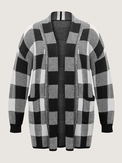 Checkered Jacquard Folded Collar Knit Cardigan