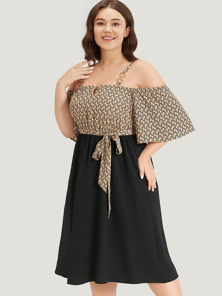 Geometric Patchwork Pocket Belted Cold Shoulder Dress